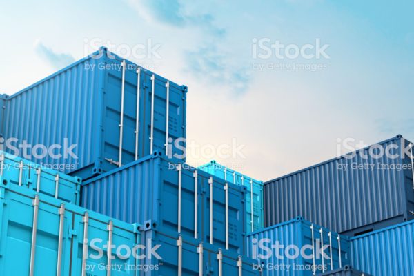 Stack of blue containers box, Cargo freight ship for import export logistics 3D rendering