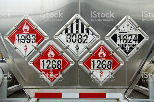 USDOT Hazardous Materials Transportation Placards on rear of a Fuel Tanker