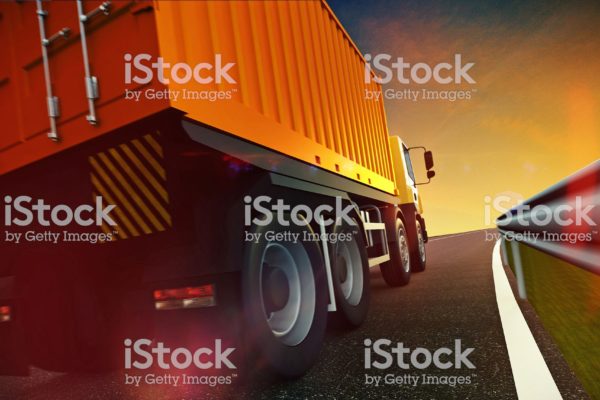 3d illustration of Speeding Transportation Semi Truck with Container driving on highway road on sunset